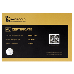 999.9 SwissGold Minted Bar - 100 grams