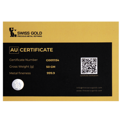 999.9 SwissGold Minted Bar - 50 grams