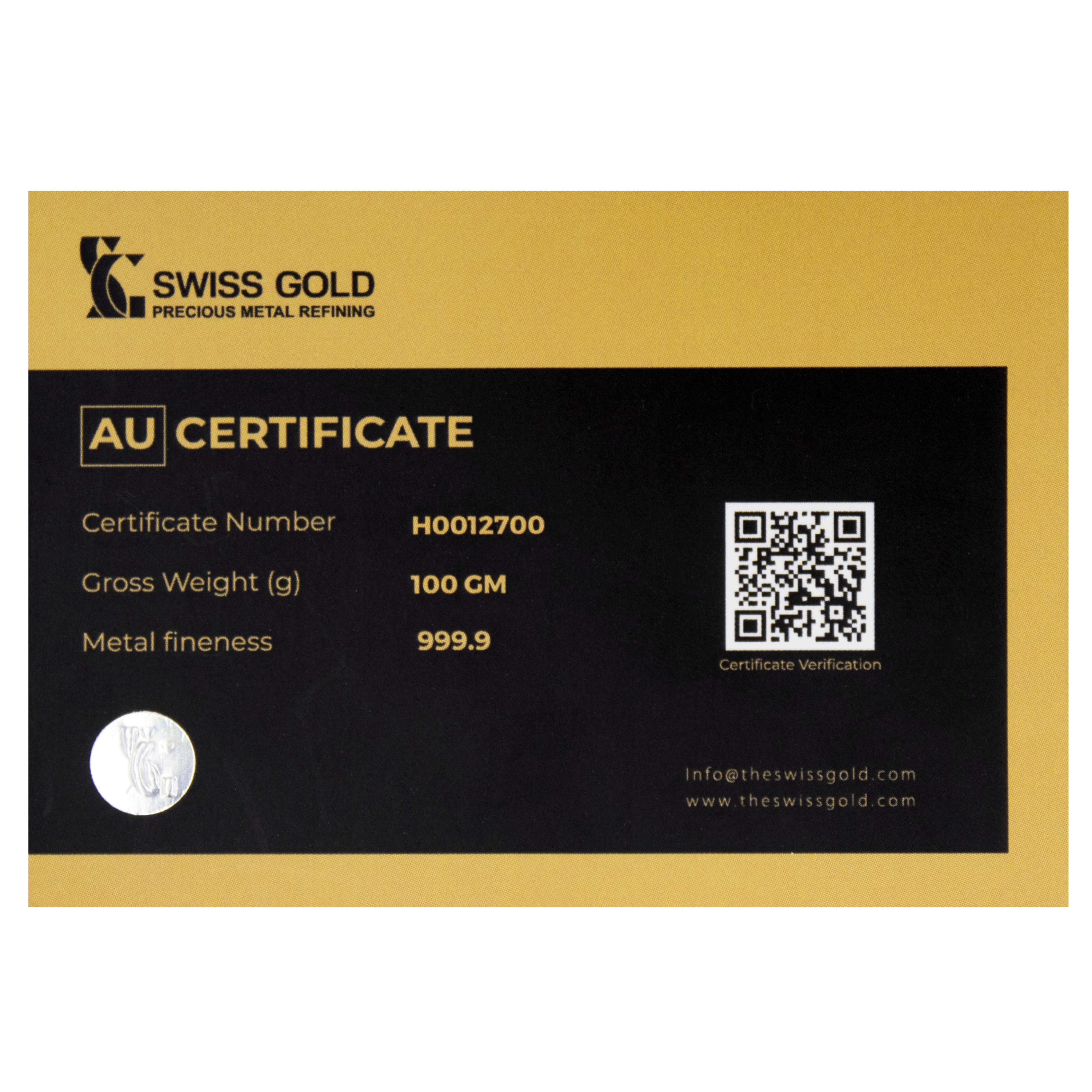 999.9 SwissGold Minted Bar - 100 grams